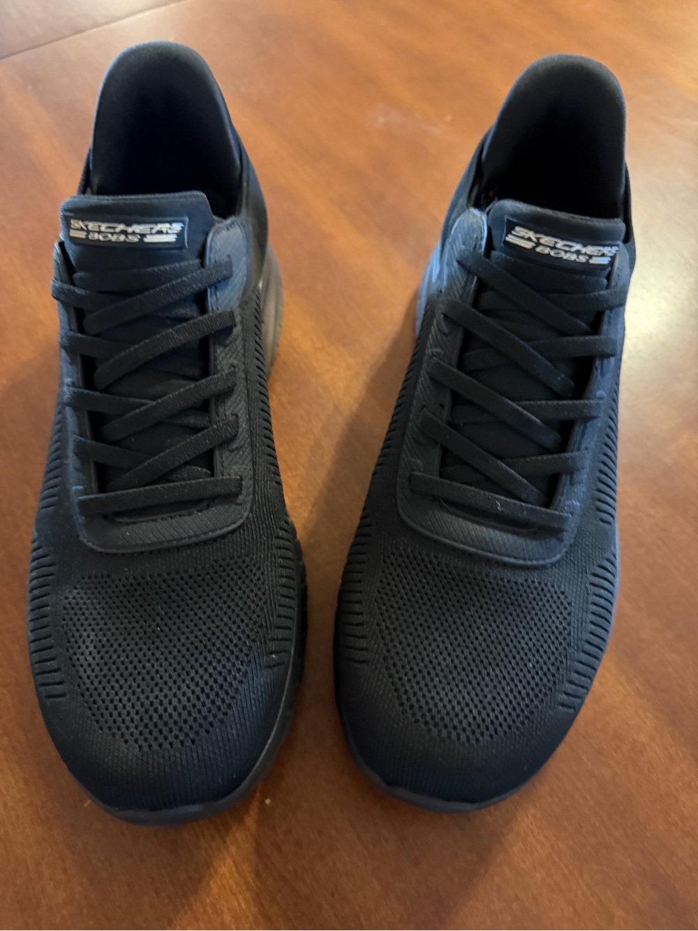 Skechers Bobs Sport Squad Chsos Women’s Black Knit Lace-Up Sneakers Slip ons